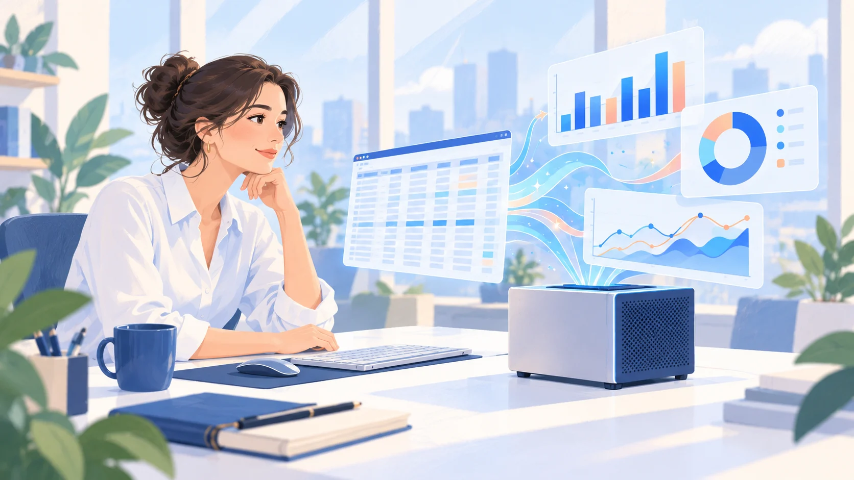 插画：一位女性查看数据表和图表，桌上放着 AI 设备。