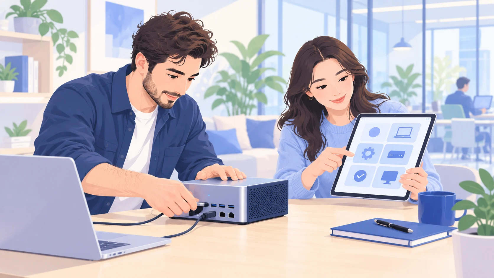 插画：两位同事在办公室连接并配置 AI 设备。