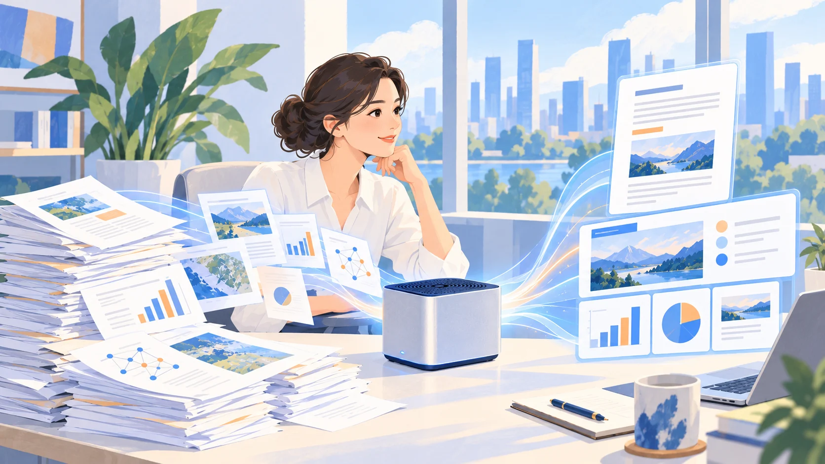 插画:一位女性整理报告,AI 设备旁呈现文档和图表。
