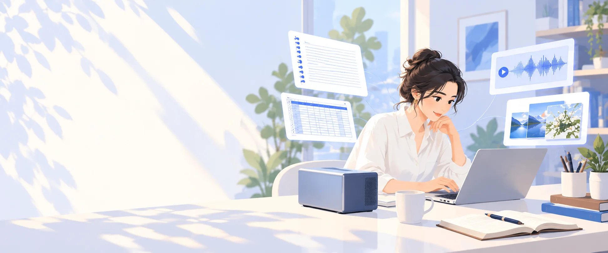 插画：一位女性独自在桌前使用笔记本电脑和 AI 设备。