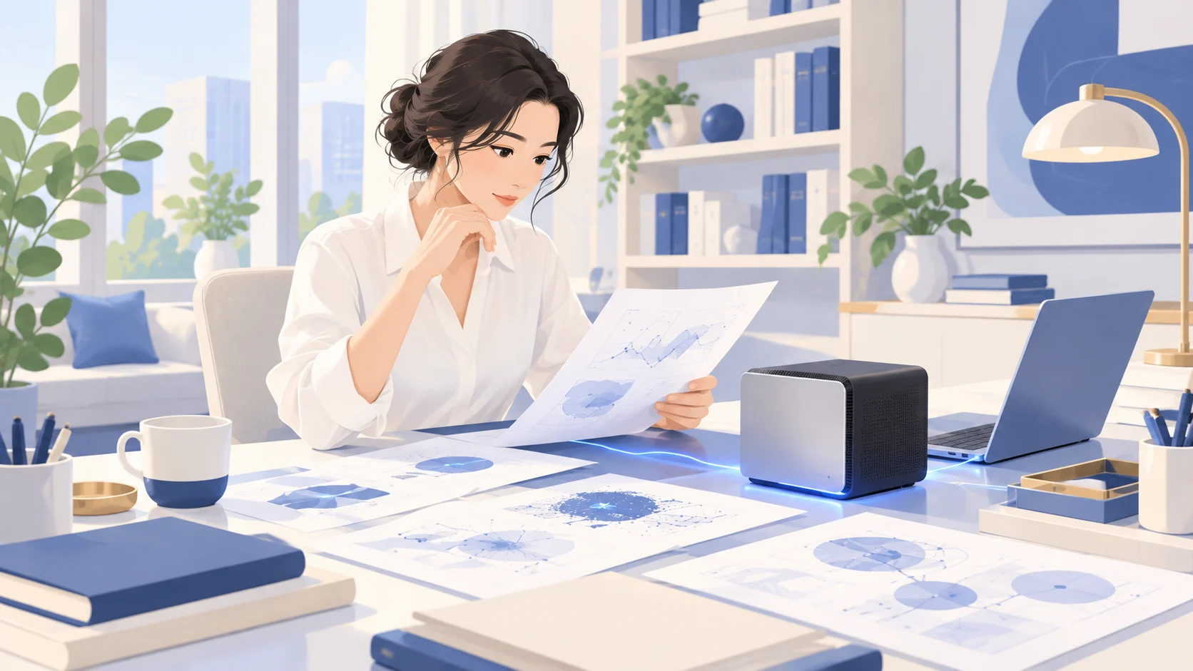 插画：一位女性在本地 AI 设备旁查看纸质报告和图表。