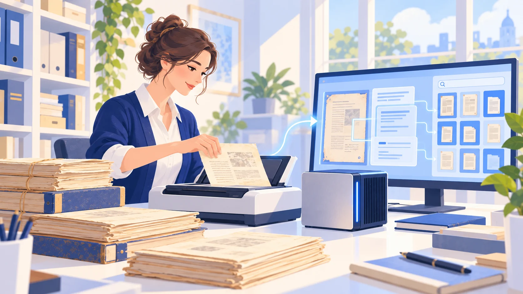 插画：一位女性将纸质文件放入扫描仪，屏幕显示识别后的内容。