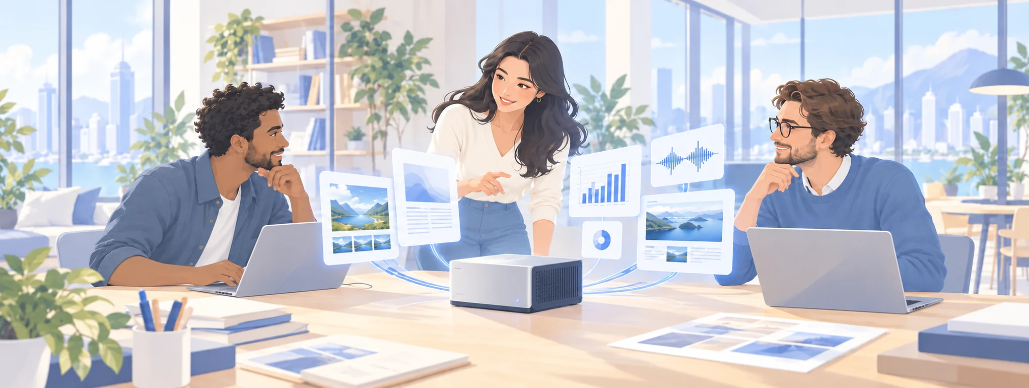 插画：三位同事围绕 AI 设备查看文档和图表。