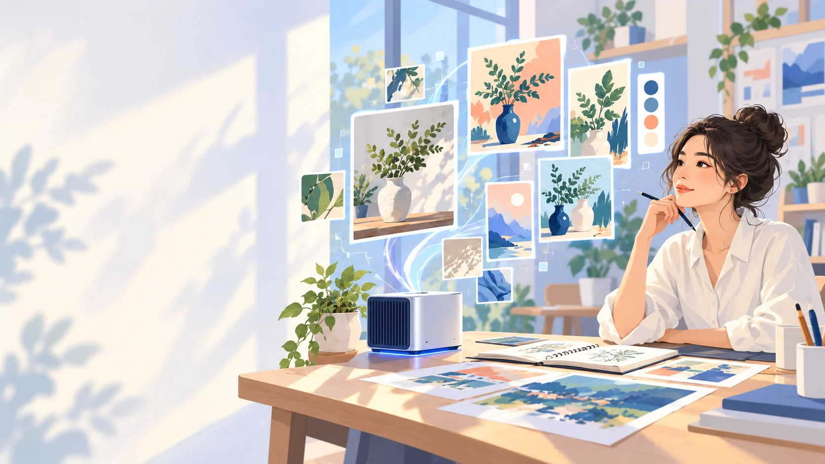 插画：一位女性在桌前构思视觉内容，身旁展示多张参考图片。