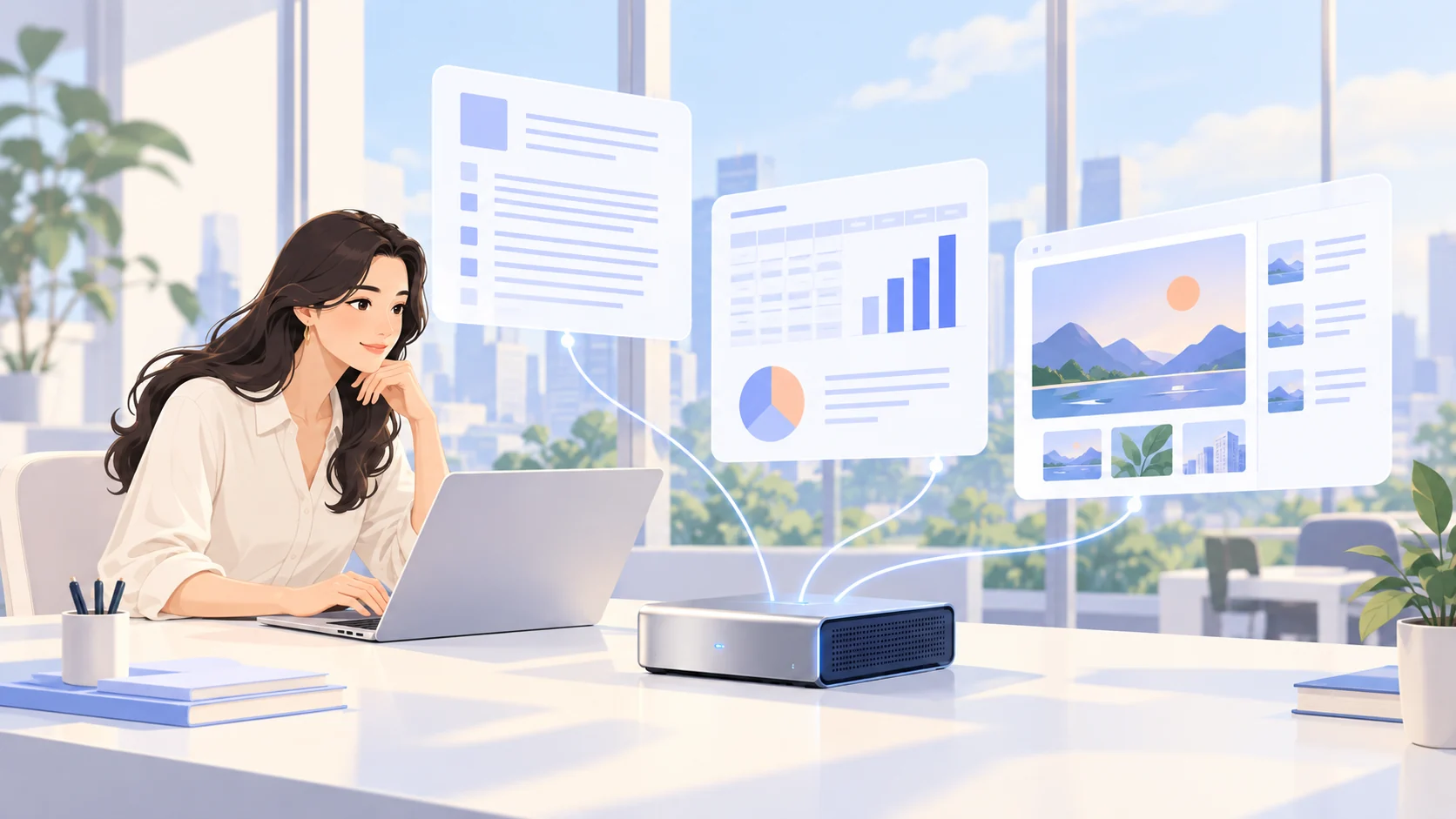 插画：一位女性使用电脑，AI 设备上方呈现文档、数据和图片面板。